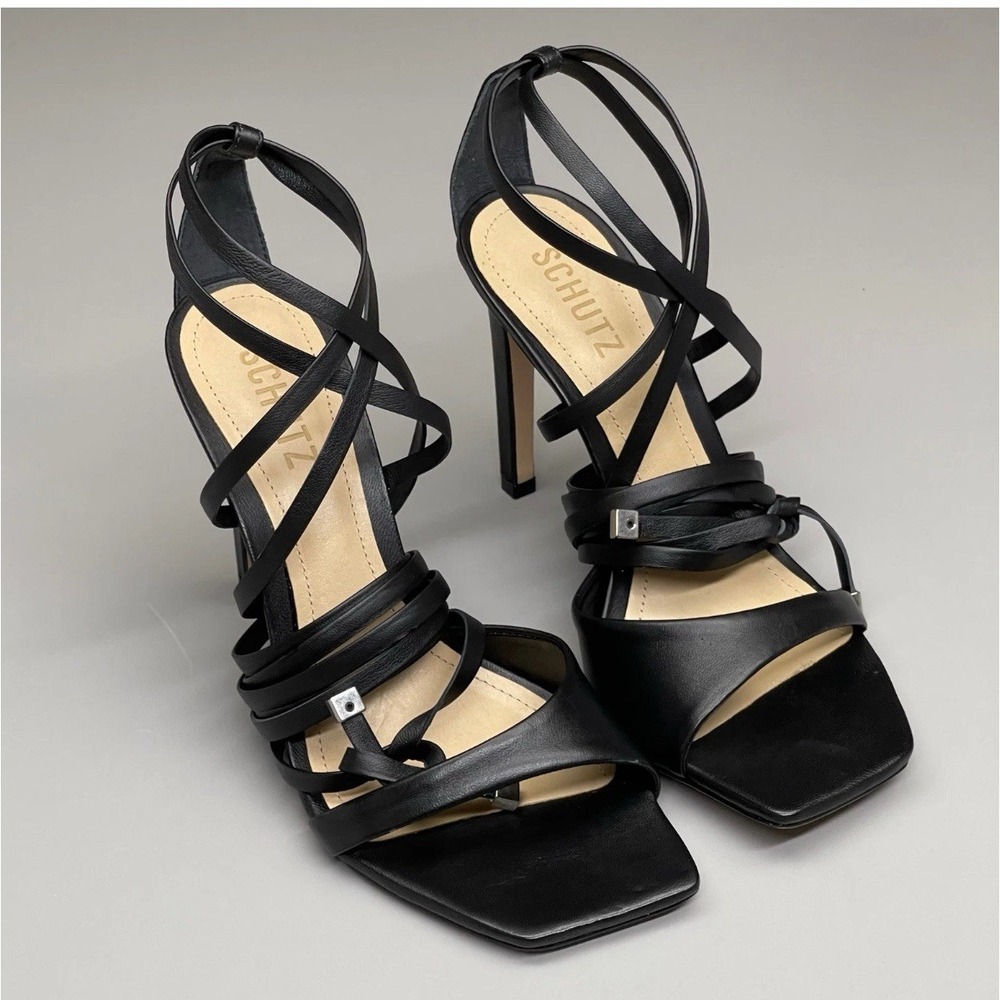 SCHUTZ Bryce Ankle Tie Women's Leather High Heel Strappy Sandal Black Sz 8 - Picture 2 of 5
